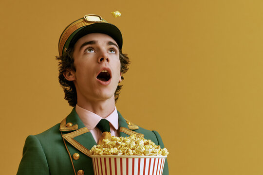 Hotel bellboy in vintage uniform catching popcorn thrown in the air, copy space.
