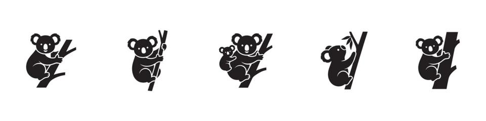 Koala icon set. Cute australian animal climbing eucalyptus branch, mother with baby marsupial symbols. Vector illustration. © Roberto_Caravelli