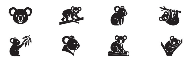 Koala icon set. Australian animal portrait, sleeping marsupial on branch, eating eucalyptus leaves and walking silhouettes. Vector illustration. © Roberto_Caravelli