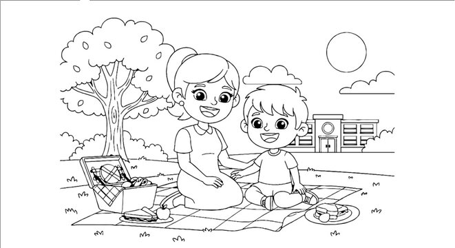 Two children reading a book together outdoors in a park.
