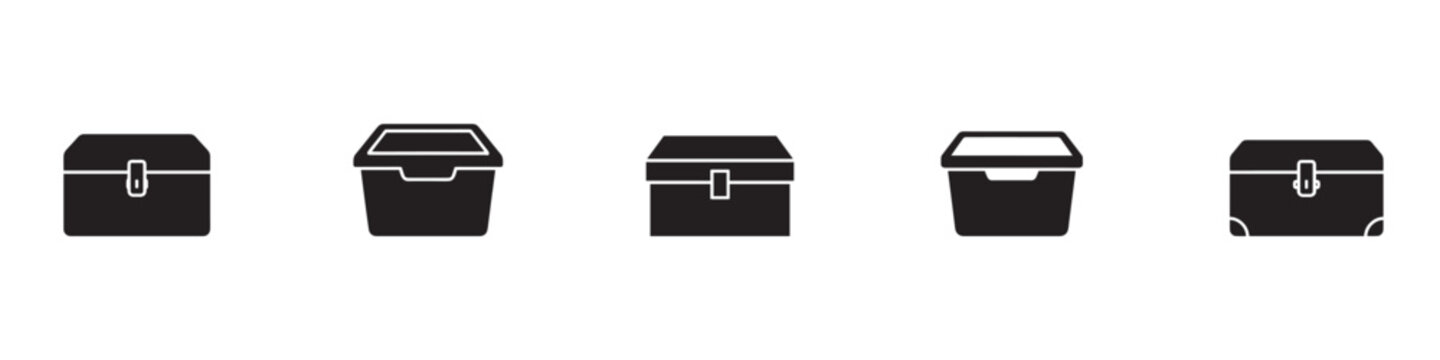 Chest icon set. Vintage vintage lock boxes, plastic organizer storage, treasure trunk and military case symbols. Vector illustration.