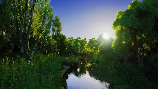 Vibrant midday riverscape with bright sky, sunlit banks and lively green trees framing shallow stream with clear reflections, perfect for travel marketing