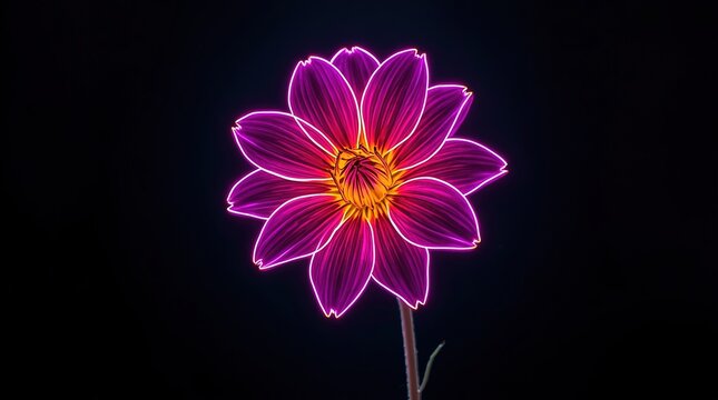 Neon-lit magenta dahlia flower glowing with vibrant pink outline against black background