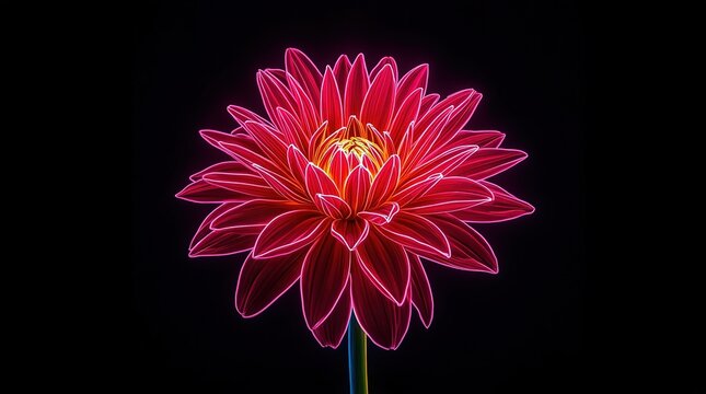 Vibrant red dahlia flower with glowing neon outline against black background