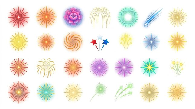Collection of vibrant fireworks illustrations with diverse shapes and colors for celebratory designs