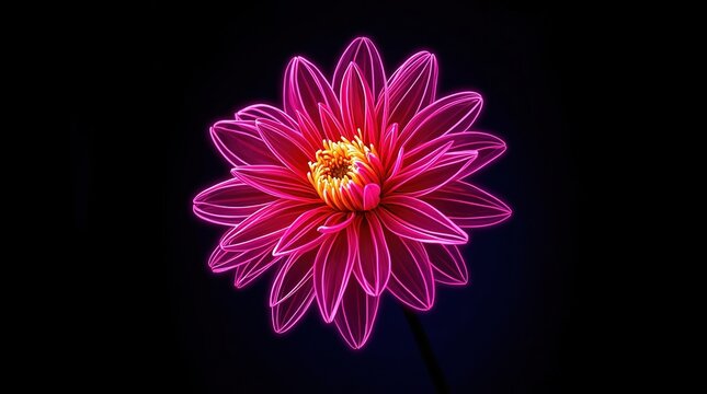 Neon-lit vibrant pink dahlia flower illuminated with glowing magenta lines against black background