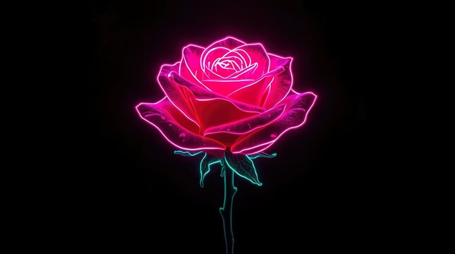 Neon pink rose illuminated against black background with glowing outline and teal stem