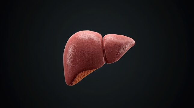 high-resolution anatomical illustration of the human liver showcasing its detailed structure and surface texture against a dark background for medical education and research purposes