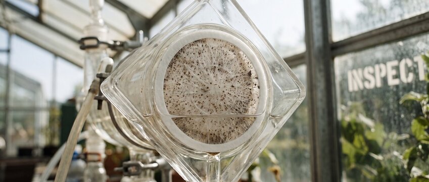 Mycelium root culture lab equipment testing soil and organic organisms in a bright greenhouse laboratory setup for agricultural biotechnology research, ecological science, and smart innovation concept