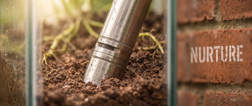 Soil moisture sensor metal probe testing wet ground in glass terrarium pot. Smart agriculture gardening technology concept for organic plants growth care. Nurture text on brick wall background.
