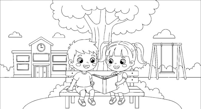 Children reading together under a tree in a park.