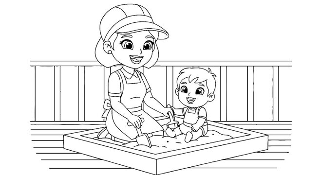 Two children playing together in a sandbox drawing.