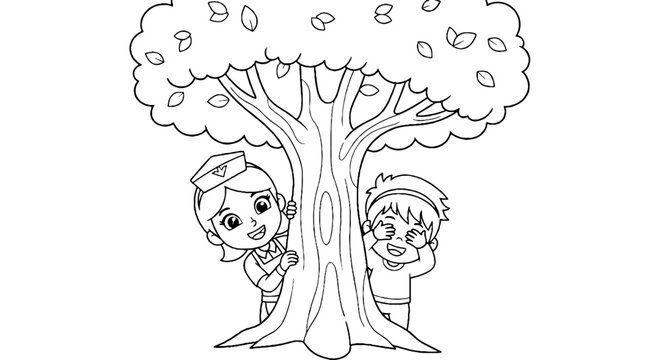 Two children peeking from behind a large tree trunk.
