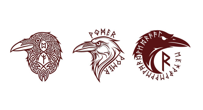 Three Intricate Raven Head Designs with Symbols and Text.