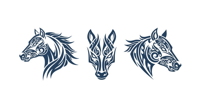 Three Intricate Horse Head Silhouettes with Detailed Patterns.