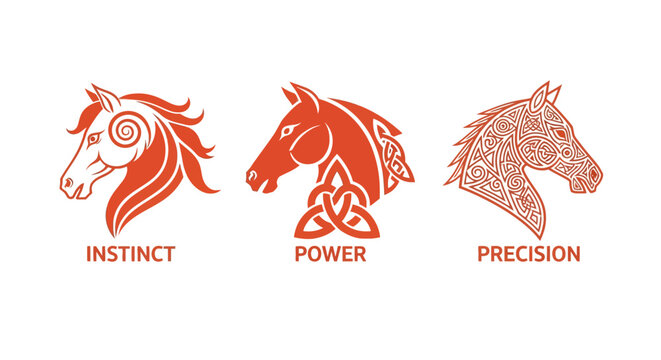 Three Intricate Horse Head Designs with Symbolic Meanings.