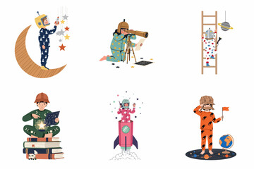 Fototapeta premium Set of diverse children in pajamas playing as astronauts, exploring the cosmos with imaginary rockets, stars, and telescopes in a cute illustration.