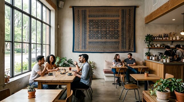Diverse friends socializing in a modern bright cafe interior