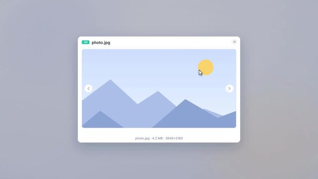 Computer user interface animation showing clicking and opening a digital photo file to view image