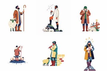 Fototapeta premium Set of flat illustrations depicting various shepherds with their sheep in a stylized, folk-art inspired aesthetic.