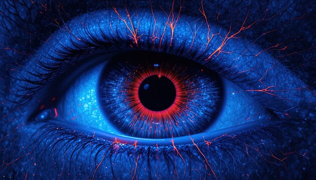 Vibrant blue iris with glowing red pupil and illuminated veins.