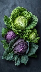 Fototapeta premium Fresh Green and Purple Savory Cabbage Heads Arranged on a Dark Background Rustic Food Studio Style