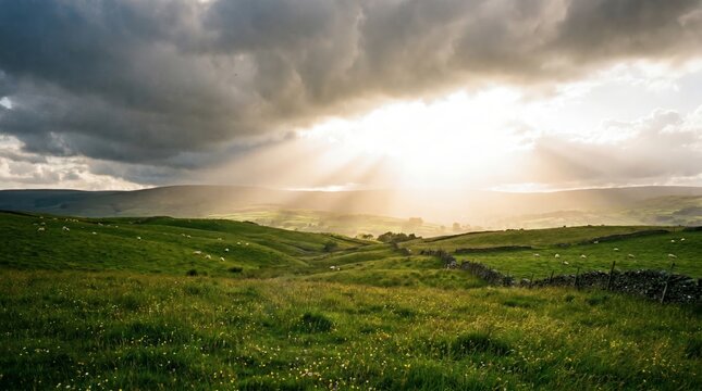 Sun rays breaking through dramatic clouds over rolling green hills and sheep.
