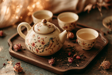Fototapeta premium Top-down Chinese tea set on walnut tray with floral porcelain and dried roses, warm amber light creating soft bokeh, right negative space for text, ideal for lifestyle branding and romantic...
