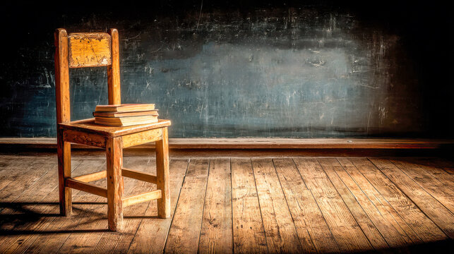 Vintage wooden chair with a stack of old books in an empty classroom against a dusty chalkboard with math formulas