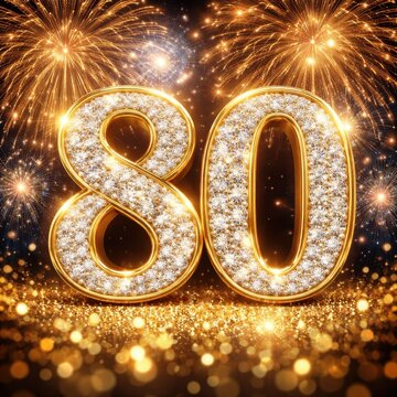 Golden number eighty with sparkling diamonds and fireworks celebrating milestone birthday anniversary event