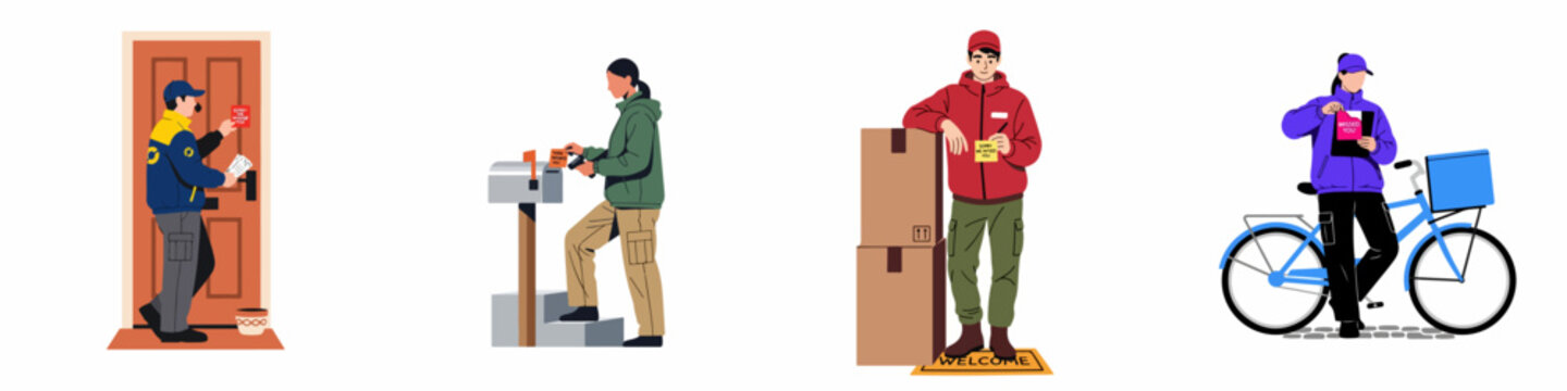 Vector illustrations of delivery couriers leaving sorry we missed you notes on doors, mailboxes, and packages due to failed delivery attempts.