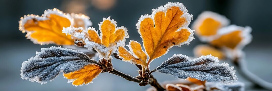 Stunning closeup of frost covered autumn oak leaves glowing in early sunrise on a crisp chilly day.