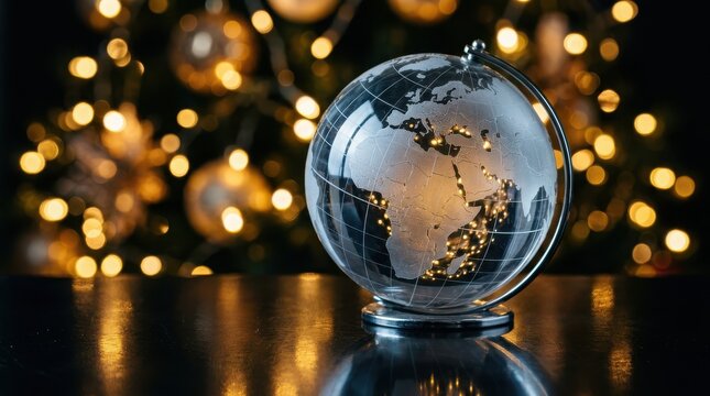 Glass globe ornament with etched map reflecting golden christmas tree bokeh lights