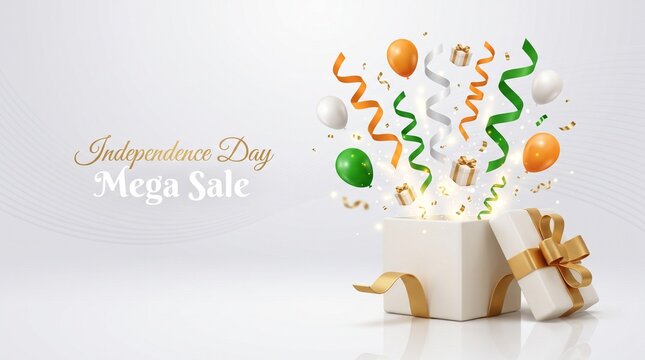 Festive gift box exploding with colorful balloons and ribbons for an Indian independence day sale
