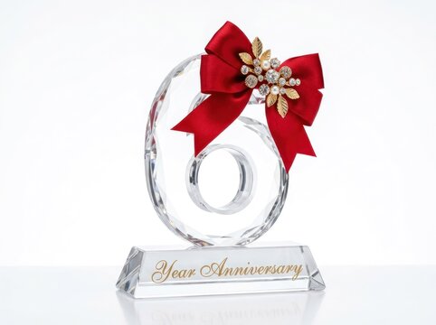 Elegant Crystal Number 6 Award with Red Bow for Anniversary Celebration.
