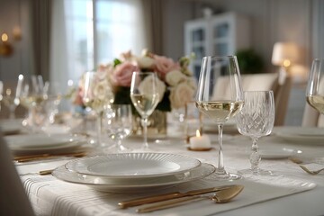 Fototapeta premium Elegant dining table formal luxury place setting with fresh flowers and crystal glassware on linen.