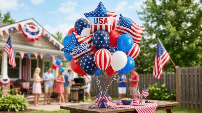 Festive fourth of july backyard bbq with patriotic decorations and american flags