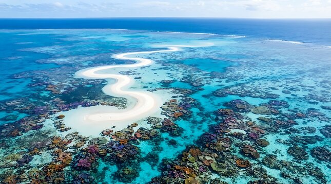 Aerial view of a winding tropical sandbar surrounded by vibrant coral reefs in crystal clear blue water