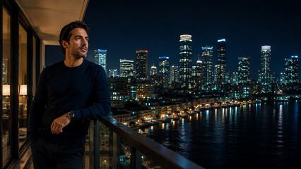 Fototapeta premium A man enjoys a stunning nighttime city skyline from his balcony, embodying urban lifestyle and modern living.