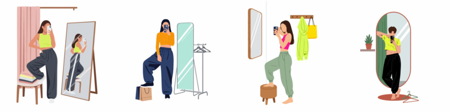 Set of illustrations of young women taking mirror selfies in stylish outfits and casual wear in various home and store settings.