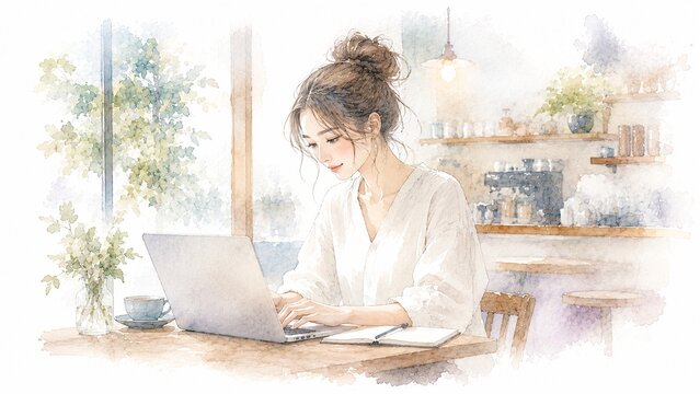 カフェでノートパソコンを使って作業する若い女性の水彩画風イラスト