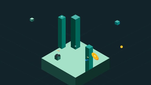 Isometric 3D game character collecting gold coins in a digital world