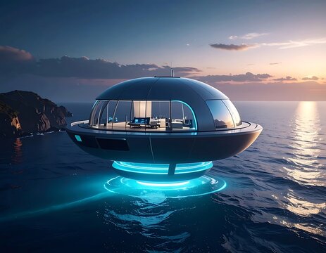 A futuristic, illuminated, hovering pod floats above calm waters