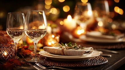 Fototapeta premium Elegant Thanksgiving Dinner Table Setting with Wine Glasses and Warm Golden Bokeh Light Background