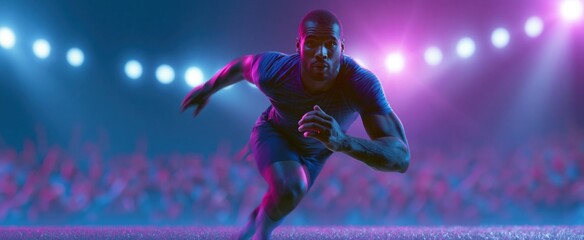 Obraz premium Athlete in dynamic action on vibrant sports field with cheering crowd and energetic stadium atmosphere.