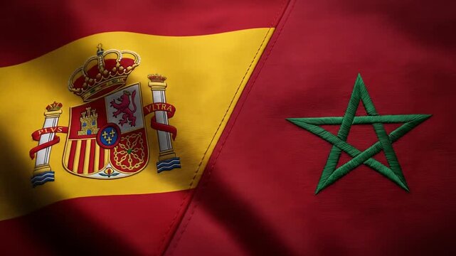 Multiple overlapping flags of Spain and Morocco displaying national symbols and colorful fabric textures