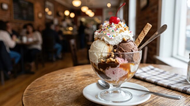 Gourmet ice cream sundae with whipped cream cherry and waffle sticks in a glass bowl