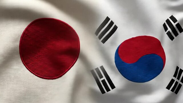 Vibrant South Korean and Japanese flags displayed on silky fabric emphasizing national pride and cultural heritage in a