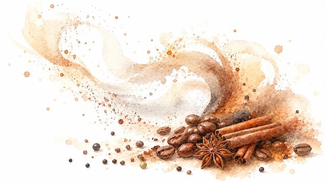 豊かな香りを立てるコーヒー豆、シナモン、八角などのスパイスの水彩画イラスト