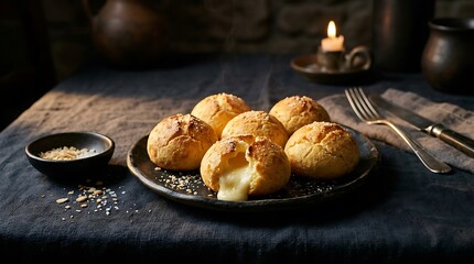 Cuñapé on linen tablecloth, Bolivian cheese bread